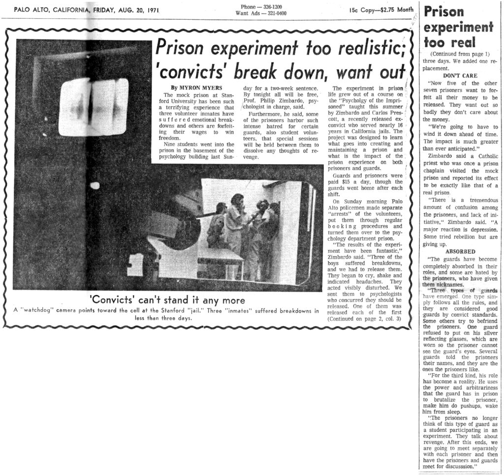 Newspaper article by Myron Myers titled "Prison Experiment Too Realistic. Convicts Breakdown Want Out." Includes a photo of a camera pointing at a cell.