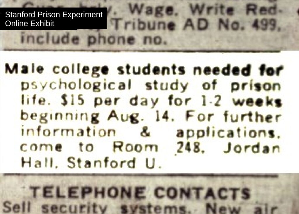 Newspaper ad requesting male college students for psychological study.