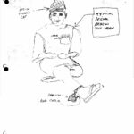 Rich's self-portrait sketch showing his nylon cap, 1037 as his name, his ankle chain and padlock, and a label for his toga: "typical prison fashion this year"