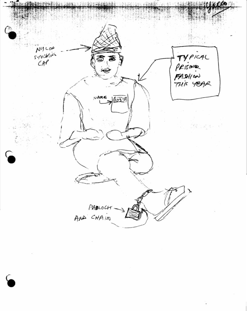 Rich's self-portrait sketch showing his nylon cap, 1037 as his name, his ankle chain and padlock, and a label for his toga: "typical prison fashion this year"