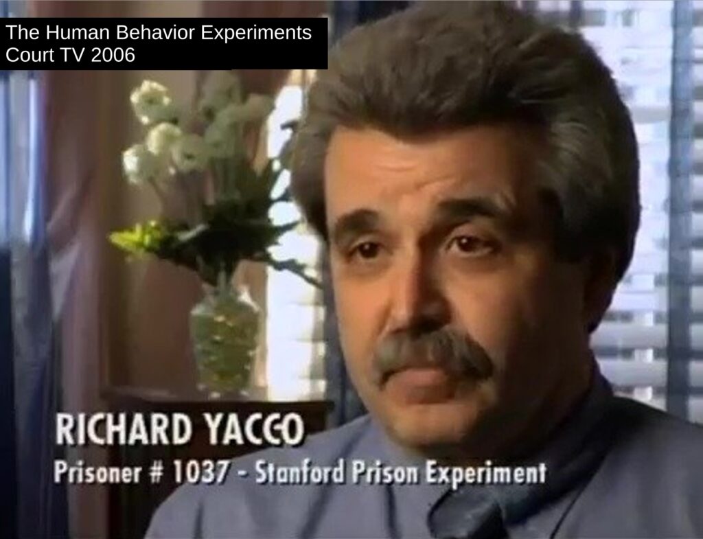 Close-up of Rich being interviewed and identified as RICHARD YACCO, Prisoner # 1037 - Stanford Prison Experiment